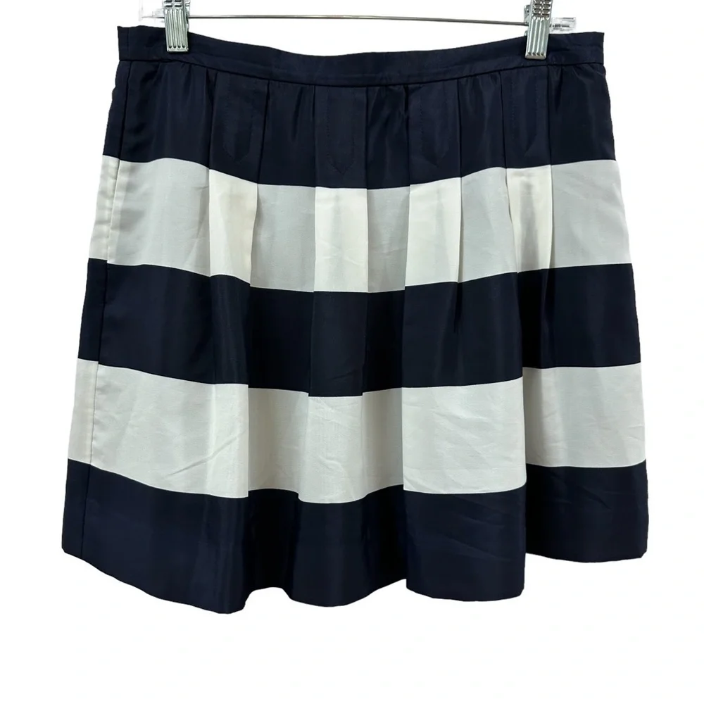 J.Crew Women's Pleated Bubble Hem Midi Navy White Crepe A-Line Skirt, 8